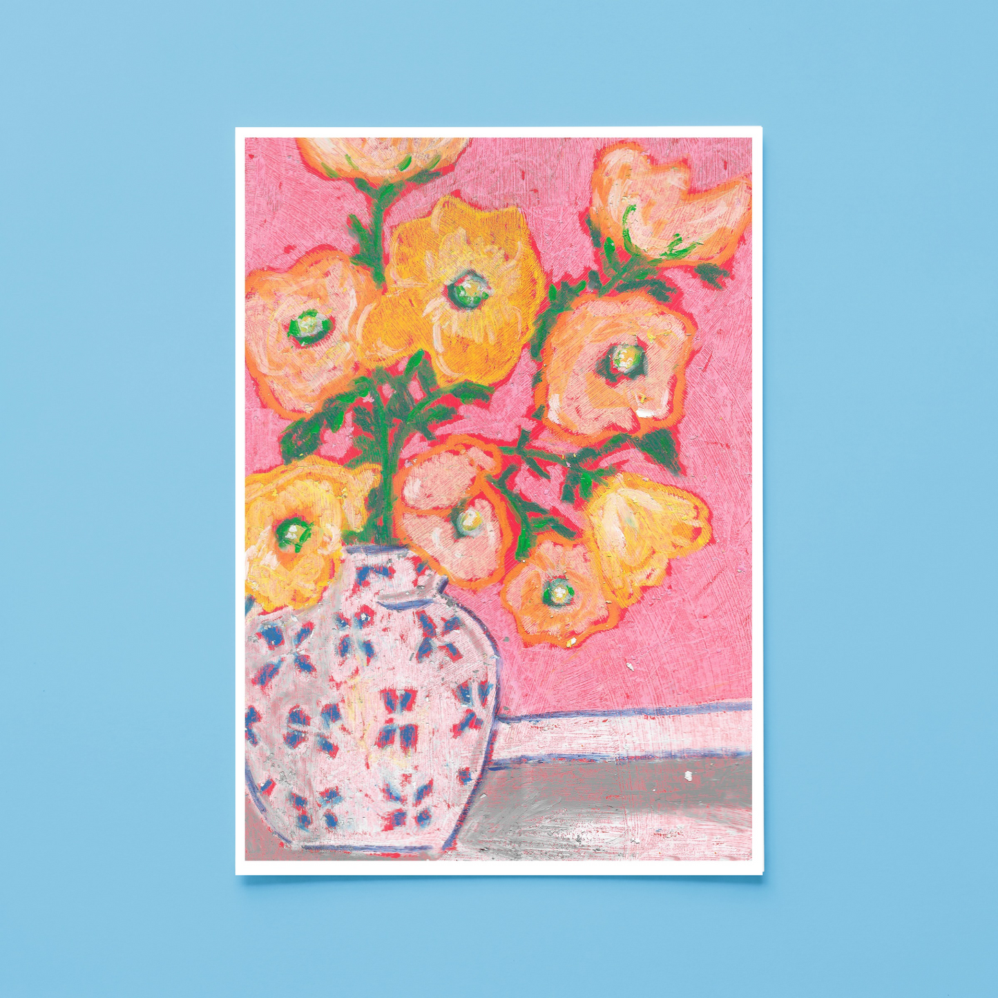 Pink Flowers in Vase Oil Pastel Print