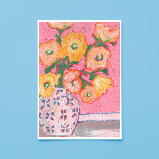 Pink Flowers in Vase Oil Pastel Print